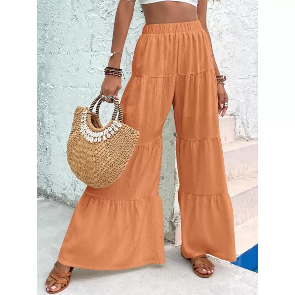 WDIRARA Women's Flowy Boho Elastic High Waist Ruffle Hem Wide Leg Beach Loose Palazzo Pants