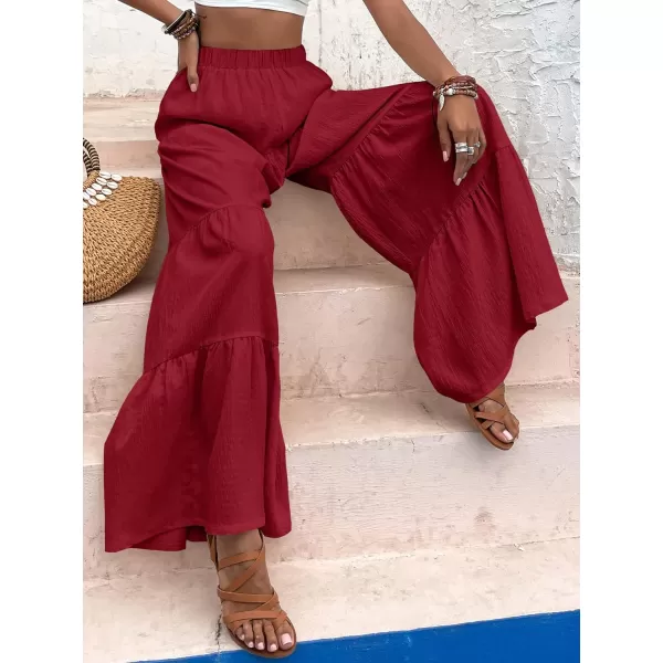 WDIRARA Women's Flowy Boho Elastic High Waist Ruffle Hem Wide Leg Beach Loose Palazzo Pants