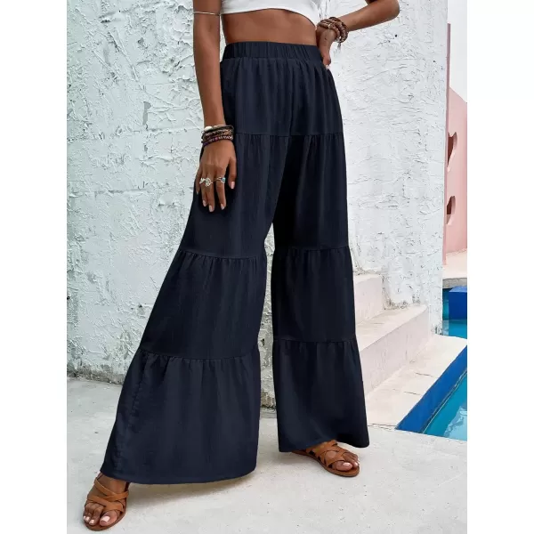 WDIRARA Women's Flowy Boho Elastic High Waist Ruffle Hem Wide Leg Beach Loose Palazzo Pants