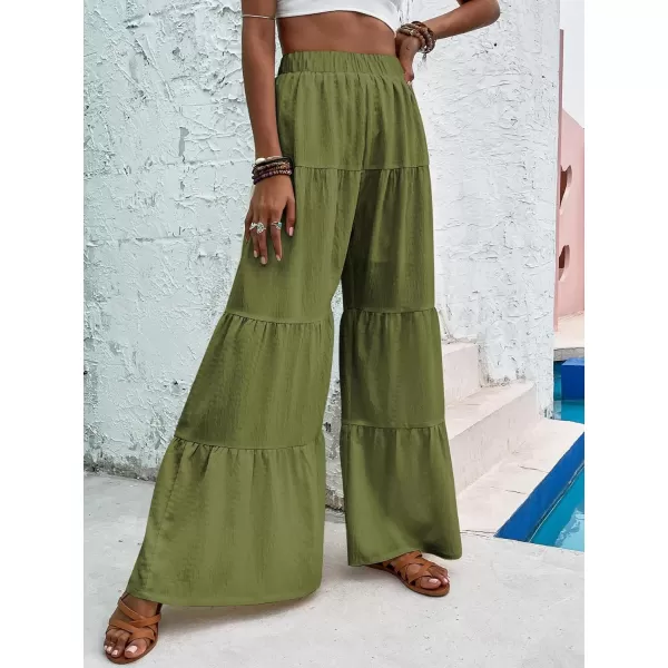 WDIRARA Women's Flowy Boho Elastic High Waist Ruffle Hem Wide Leg Beach Loose Palazzo Pants