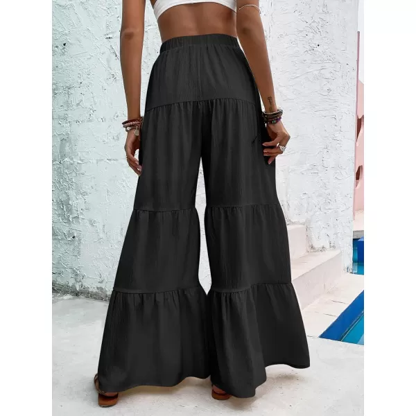 WDIRARA Women's Flowy Boho Elastic High Waist Ruffle Hem Wide Leg Beach Loose Palazzo Pants