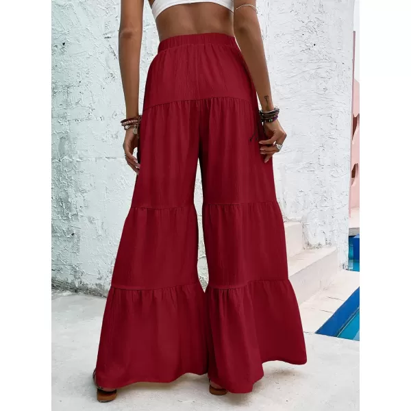 WDIRARA Women's Flowy Boho Elastic High Waist Ruffle Hem Wide Leg Beach Loose Palazzo Pants