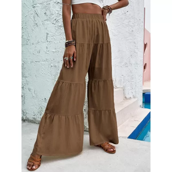 WDIRARA Women's Flowy Boho Elastic High Waist Ruffle Hem Wide Leg Beach Loose Palazzo Pants