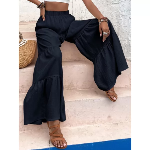 WDIRARA Women's Flowy Boho Elastic High Waist Ruffle Hem Wide Leg Beach Loose Palazzo Pants
