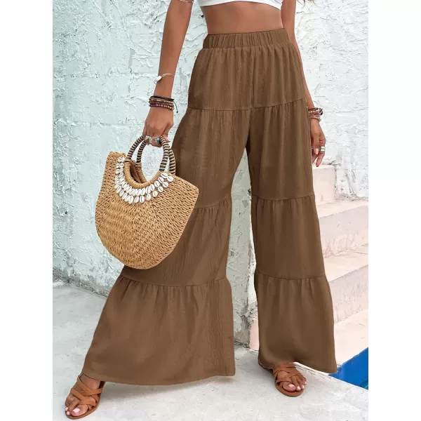 WDIRARA Women's Flowy Boho Elastic High Waist Ruffle Hem Wide Leg Beach Loose Palazzo Pants