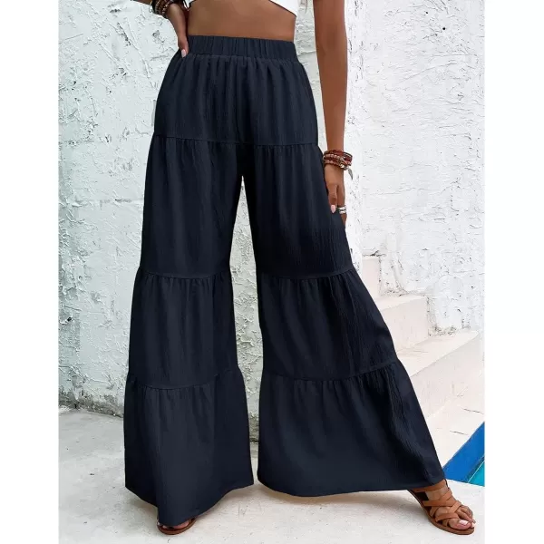 WDIRARA Women's Flowy Boho Elastic High Waist Ruffle Hem Wide Leg Beach Loose Palazzo Pants