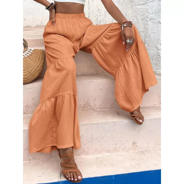 WDIRARA Women's Flowy Boho Elastic High Waist Ruffle Hem Wide Leg Beach Loose Palazzo Pants