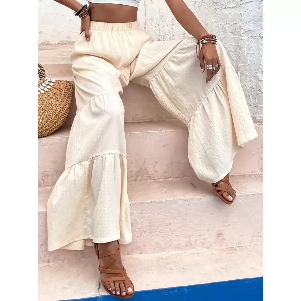WDIRARA Women's Flowy Boho Elastic High Waist Ruffle Hem Wide Leg Beach Loose Palazzo Pants