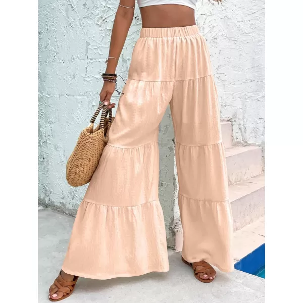 WDIRARA Women's Flowy Boho Elastic High Waist Ruffle Hem Wide Leg Beach Loose Palazzo Pants