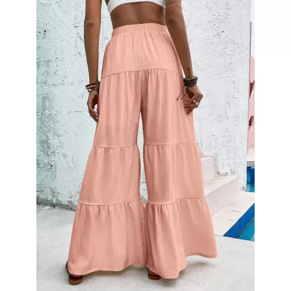 WDIRARA Women's Flowy Boho Elastic High Waist Ruffle Hem Wide Leg Beach Loose Palazzo Pants