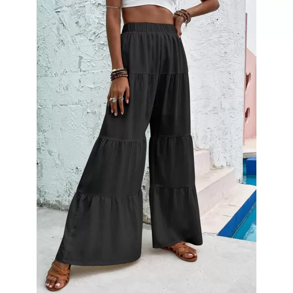 WDIRARA Women's Flowy Boho Elastic High Waist Ruffle Hem Wide Leg Beach Loose Palazzo Pants
