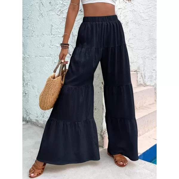 WDIRARA Women's Flowy Boho Elastic High Waist Ruffle Hem Wide Leg Beach Loose Palazzo Pants
