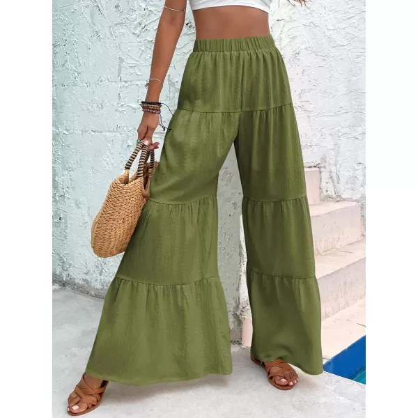 WDIRARA Women's Flowy Boho Elastic High Waist Ruffle Hem Wide Leg Beach Loose Palazzo Pants