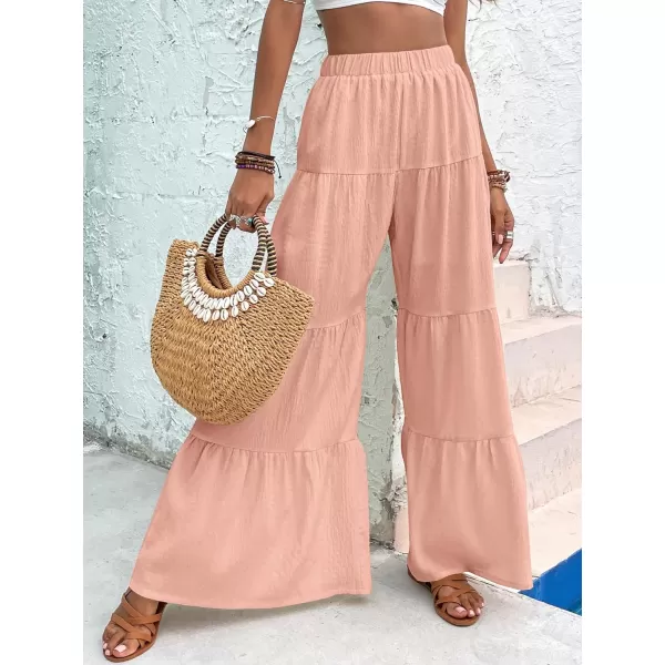 WDIRARA Women's Flowy Boho Elastic High Waist Ruffle Hem Wide Leg Beach Loose Palazzo Pants