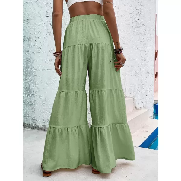WDIRARA Women's Flowy Boho Elastic High Waist Ruffle Hem Wide Leg Beach Loose Palazzo Pants