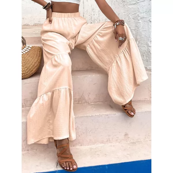 WDIRARA Women's Flowy Boho Elastic High Waist Ruffle Hem Wide Leg Beach Loose Palazzo Pants