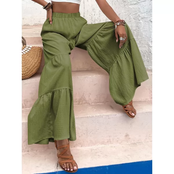 WDIRARA Women's Flowy Boho Elastic High Waist Ruffle Hem Wide Leg Beach Loose Palazzo Pants