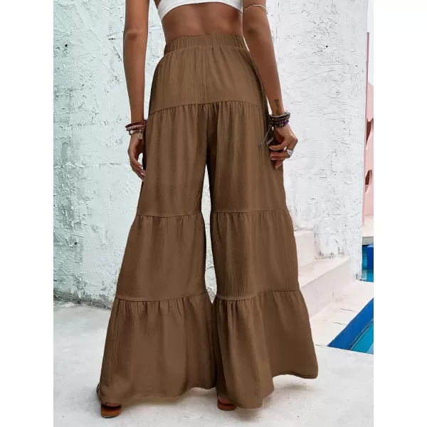 WDIRARA Women's Flowy Boho Elastic High Waist Ruffle Hem Wide Leg Beach Loose Palazzo Pants