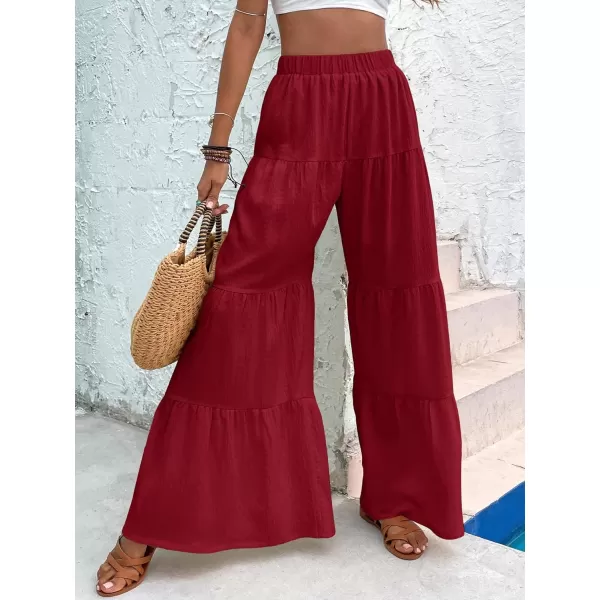 WDIRARA Women's Flowy Boho Elastic High Waist Ruffle Hem Wide Leg Beach Loose Palazzo Pants