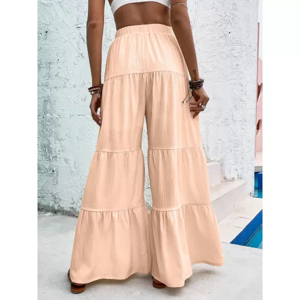 WDIRARA Women's Flowy Boho Elastic High Waist Ruffle Hem Wide Leg Beach Loose Palazzo Pants