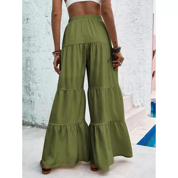 WDIRARA Women's Flowy Boho Elastic High Waist Ruffle Hem Wide Leg Beach Loose Palazzo Pants