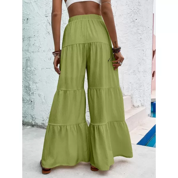 WDIRARA Women's Flowy Boho Elastic High Waist Ruffle Hem Wide Leg Beach Loose Palazzo Pants