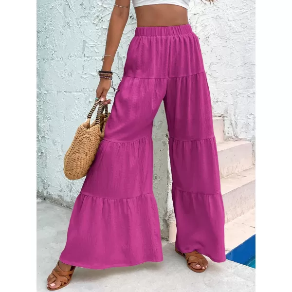 WDIRARA Women's Flowy Boho Elastic High Waist Ruffle Hem Wide Leg Beach Loose Palazzo Pants