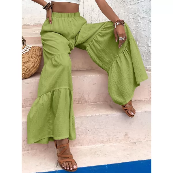 WDIRARA Women's Flowy Boho Elastic High Waist Ruffle Hem Wide Leg Beach Loose Palazzo Pants