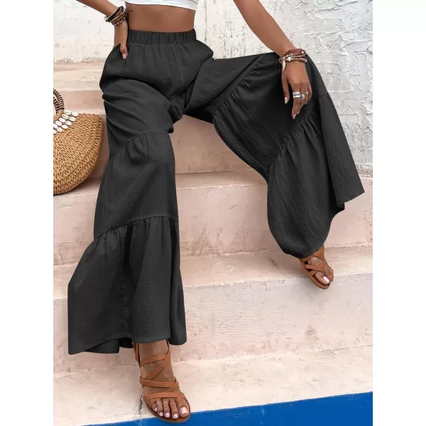 WDIRARA Women's Flowy Boho Elastic High Waist Ruffle Hem Wide Leg Beach Loose Palazzo Pants
