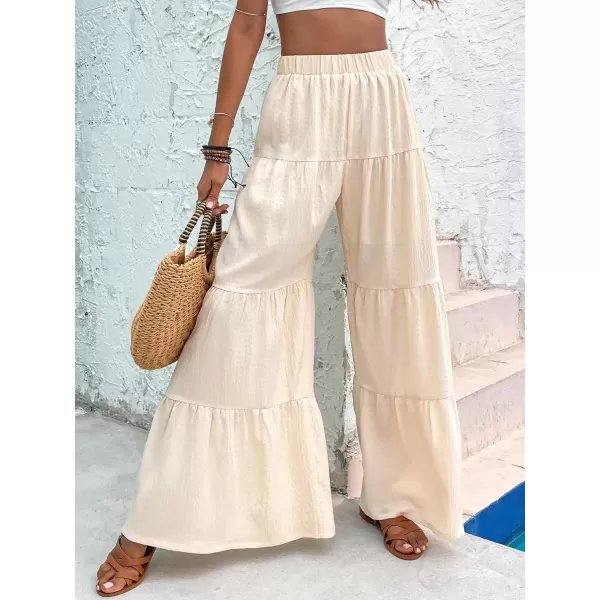 WDIRARA Women's Flowy Boho Elastic High Waist Ruffle Hem Wide Leg Beach Loose Palazzo Pants