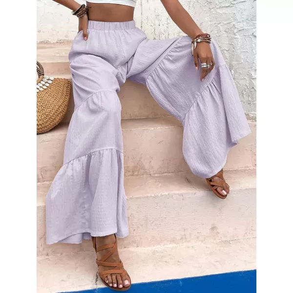 WDIRARA Women's Flowy Boho Elastic High Waist Ruffle Hem Wide Leg Beach Loose Palazzo Pants