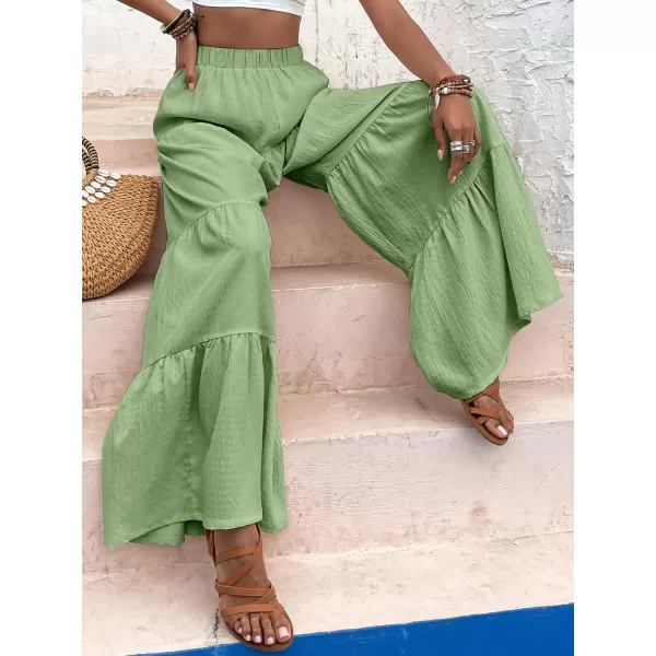 WDIRARA Women's Flowy Boho Elastic High Waist Ruffle Hem Wide Leg Beach Loose Palazzo Pants