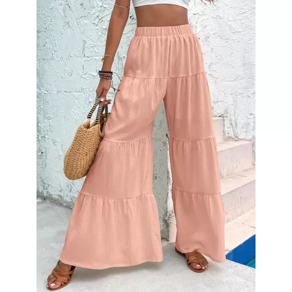 WDIRARA Women's Flowy Boho Elastic High Waist Ruffle Hem Wide Leg Beach Loose Palazzo Pants