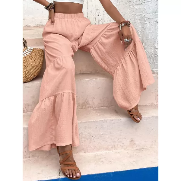 WDIRARA Women's Flowy Boho Elastic High Waist Ruffle Hem Wide Leg Beach Loose Palazzo Pants