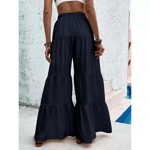WDIRARA Women's Flowy Boho Elastic High Waist Ruffle Hem Wide Leg Beach Loose Palazzo Pants