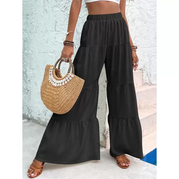 WDIRARA Women's Flowy Boho Elastic High Waist Ruffle Hem Wide Leg Beach Loose Palazzo Pants