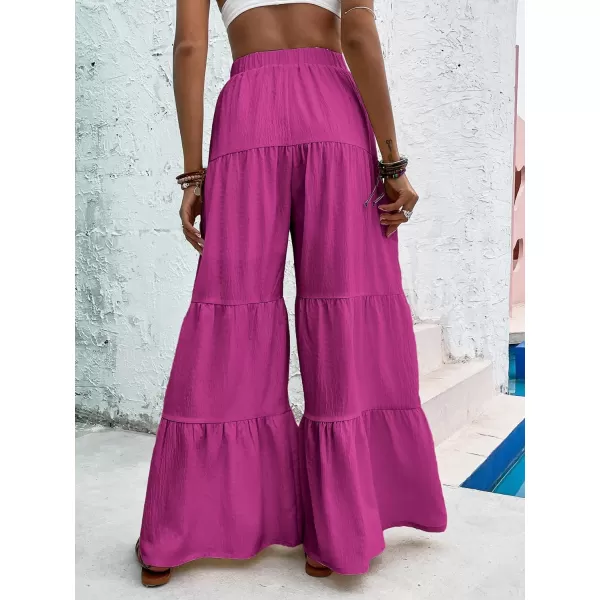 WDIRARA Women's Flowy Boho Elastic High Waist Ruffle Hem Wide Leg Beach Loose Palazzo Pants