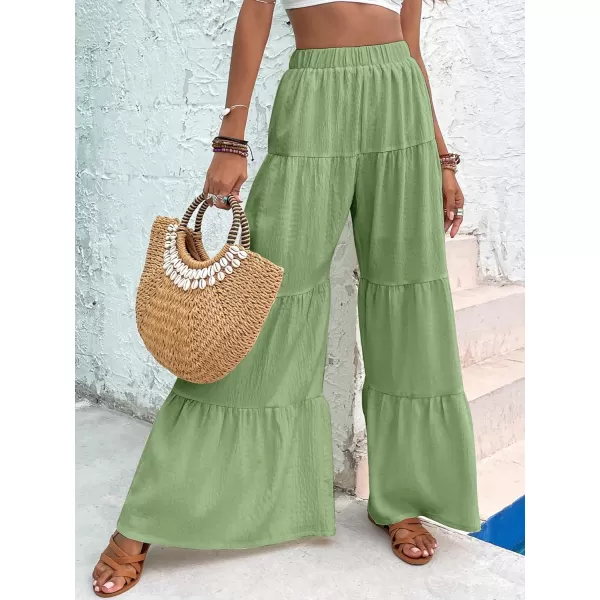 WDIRARA Women's Flowy Boho Elastic High Waist Ruffle Hem Wide Leg Beach Loose Palazzo Pants