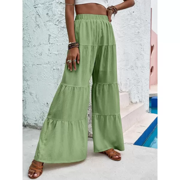 WDIRARA Women's Flowy Boho Elastic High Waist Ruffle Hem Wide Leg Beach Loose Palazzo Pants