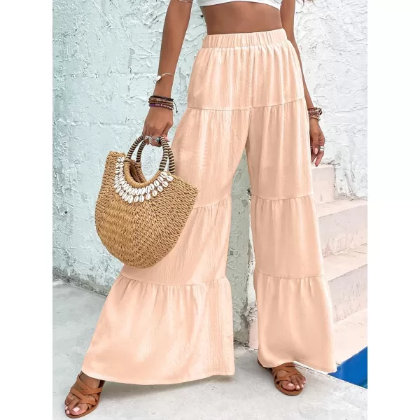 WDIRARA Women's Flowy Boho Elastic High Waist Ruffle Hem Wide Leg Beach Loose Palazzo Pants