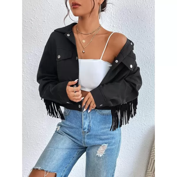 WDIRARA Women's Fringe Drop Shoulder Long Sleeve Button Down Casual Shacket Jacket