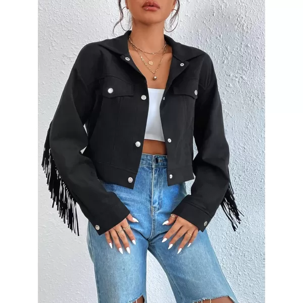 WDIRARA Women's Fringe Drop Shoulder Long Sleeve Button Down Casual Shacket Jacket