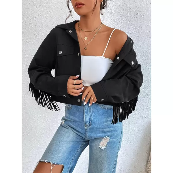 WDIRARA Women's Fringe Drop Shoulder Long Sleeve Button Down Casual Shacket Jacket