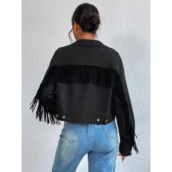 WDIRARA Women's Fringe Drop Shoulder Long Sleeve Button Down Casual Shacket Jacket