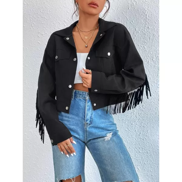 WDIRARA Women's Fringe Drop Shoulder Long Sleeve Button Down Casual Shacket Jacket