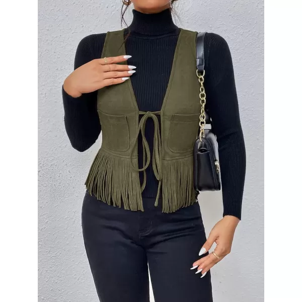 WDIRARA Women's Fringe Hem Tie Front Sleeveless Faux Suede Tank Top Solid Vest Coat