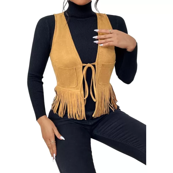 WDIRARA Women's Fringe Hem Tie Front Sleeveless Faux Suede Tank Top Solid Vest Coat