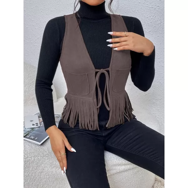 WDIRARA Women's Fringe Hem Tie Front Sleeveless Faux Suede Tank Top Solid Vest Coat