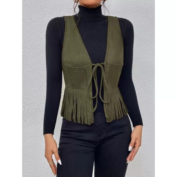 WDIRARA Women's Fringe Hem Tie Front Sleeveless Faux Suede Tank Top Solid Vest Coat