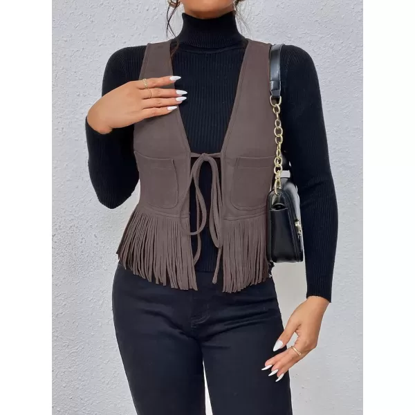 WDIRARA Women's Fringe Hem Tie Front Sleeveless Faux Suede Tank Top Solid Vest Coat